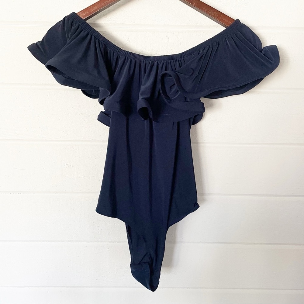 MISA Los Angeles Women's Navy Lyda Stretch Crepe Ruffle Bodysuit Size Small - Picture 7 of 9